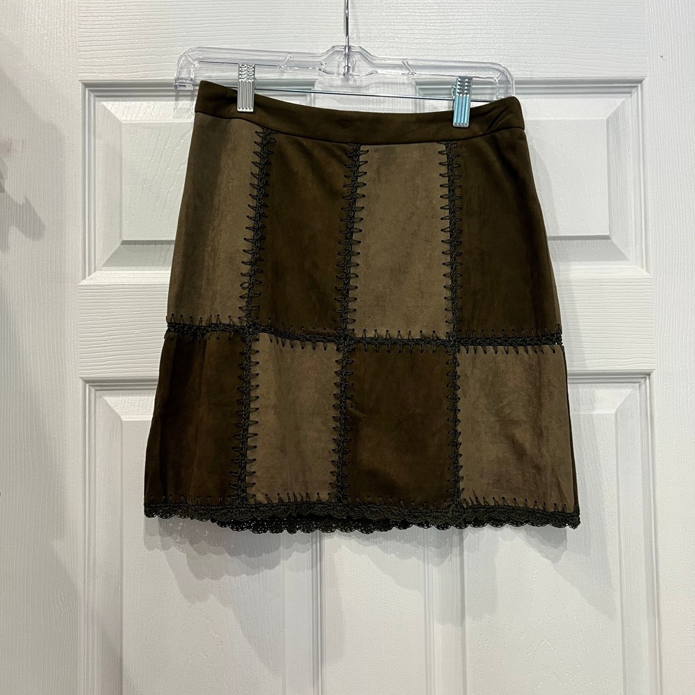 Honey Belle Mini Skirt Faux Suede Patchwork Brown Whipstitch Boho Cottagecore S